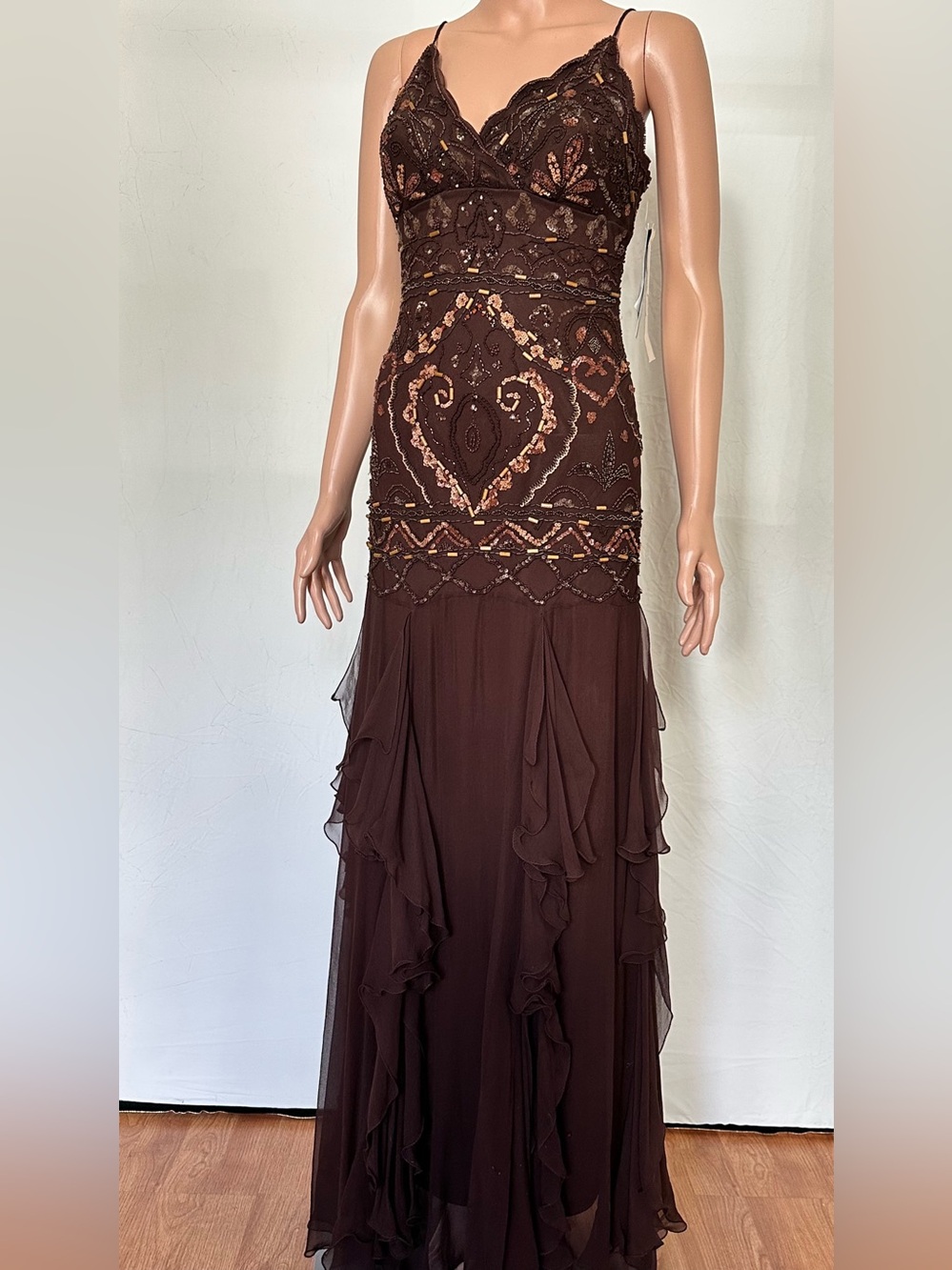 Sue Wong Brown Beaded Ruffle Maxi Dress